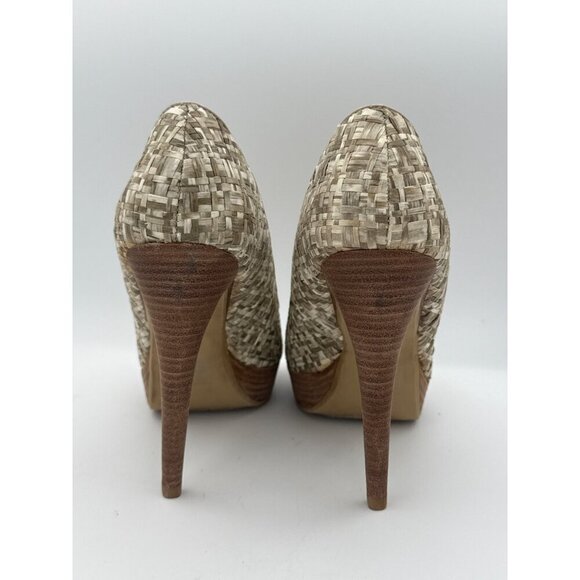 Levity Womens Peep Toe Platform Heels Size 7M Woven Texture Beige & Brown - Picture 5 of 7